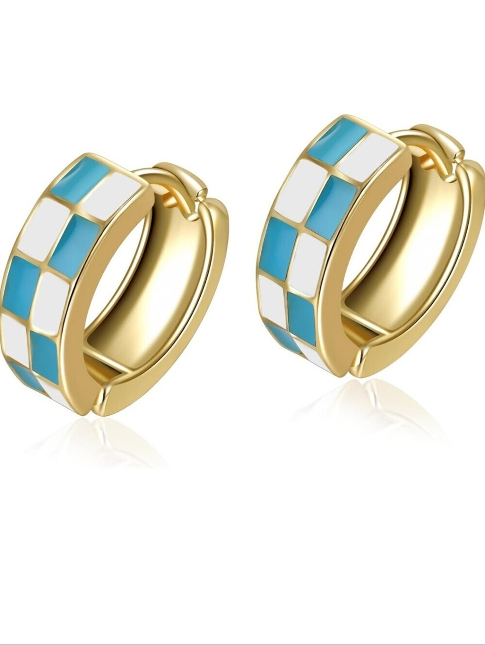 Gold Huggie Hoop Earrings with Blue and White Enamel Inlay